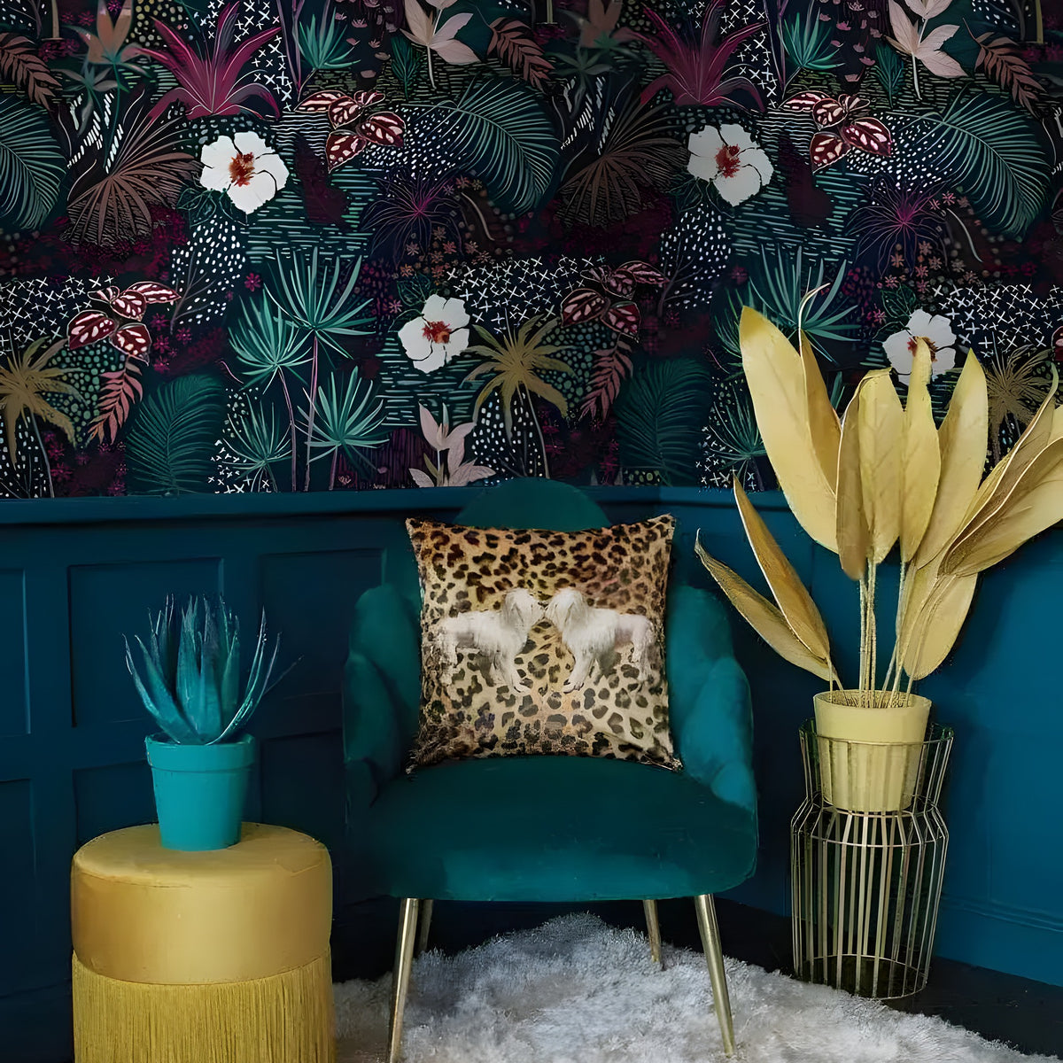 Dark Watercolor Tropical Floral Wallpaper with vibrant ferns and white hibiscus on dark background