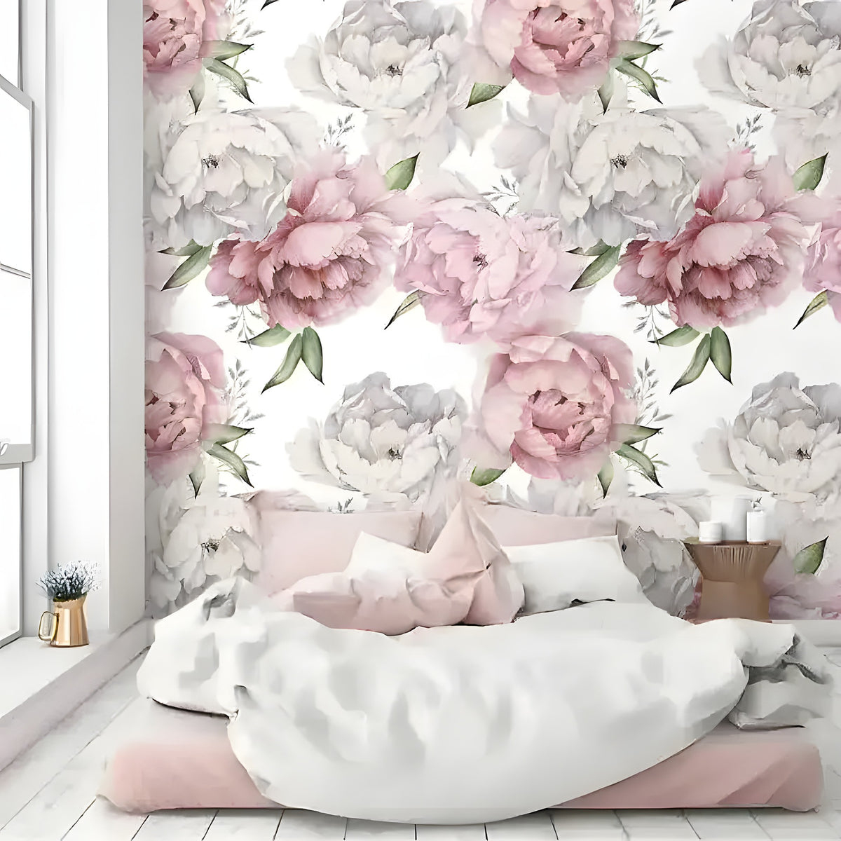 Oversized Peonies Floral Watercolor Wallpaper with pink and white peonies on white, romantic bedroom