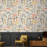 Botanical herbs wallpaper in a room setting with mustard armchair and wood sideboard