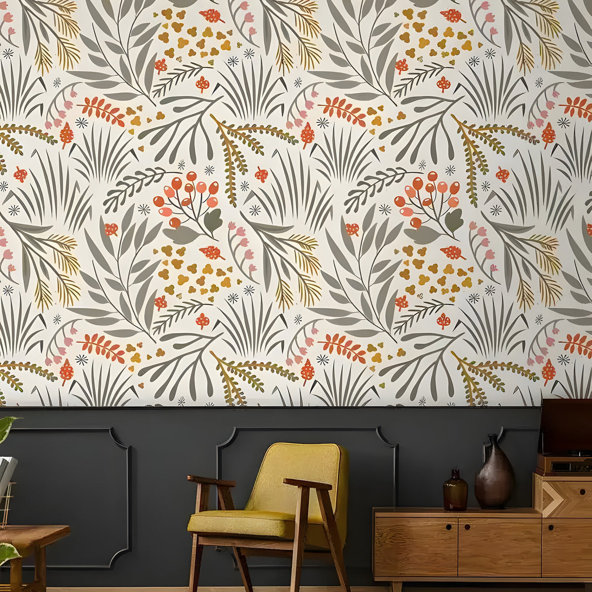 Botanical herbs wallpaper in a room setting with mustard armchair and wood sideboard