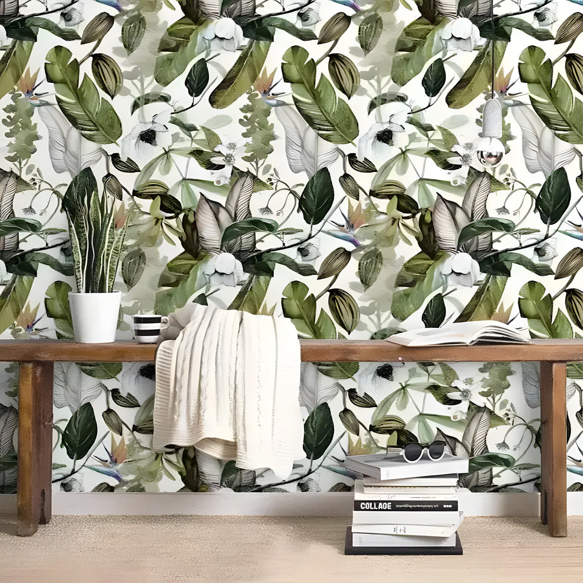 Delicate tropical leaves watercolor wallpaper installed in a bright room, soft green and white botanical leaf pattern