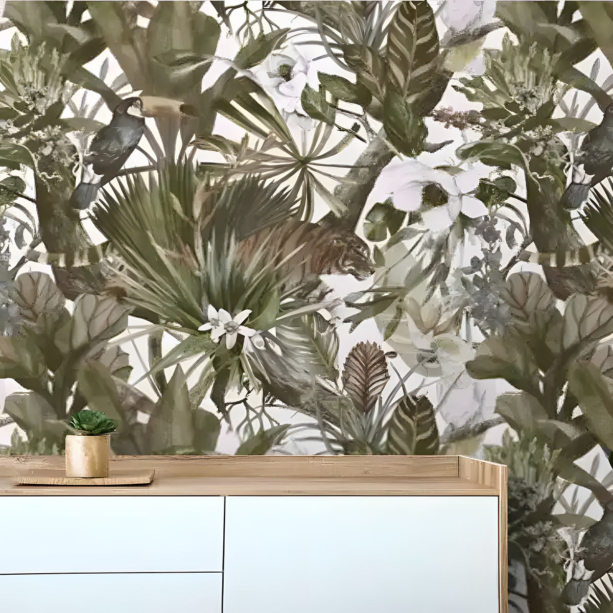 Vintage green tropical watercolor wallpaper with olive jungle foliage, hidden tiger and white blooms