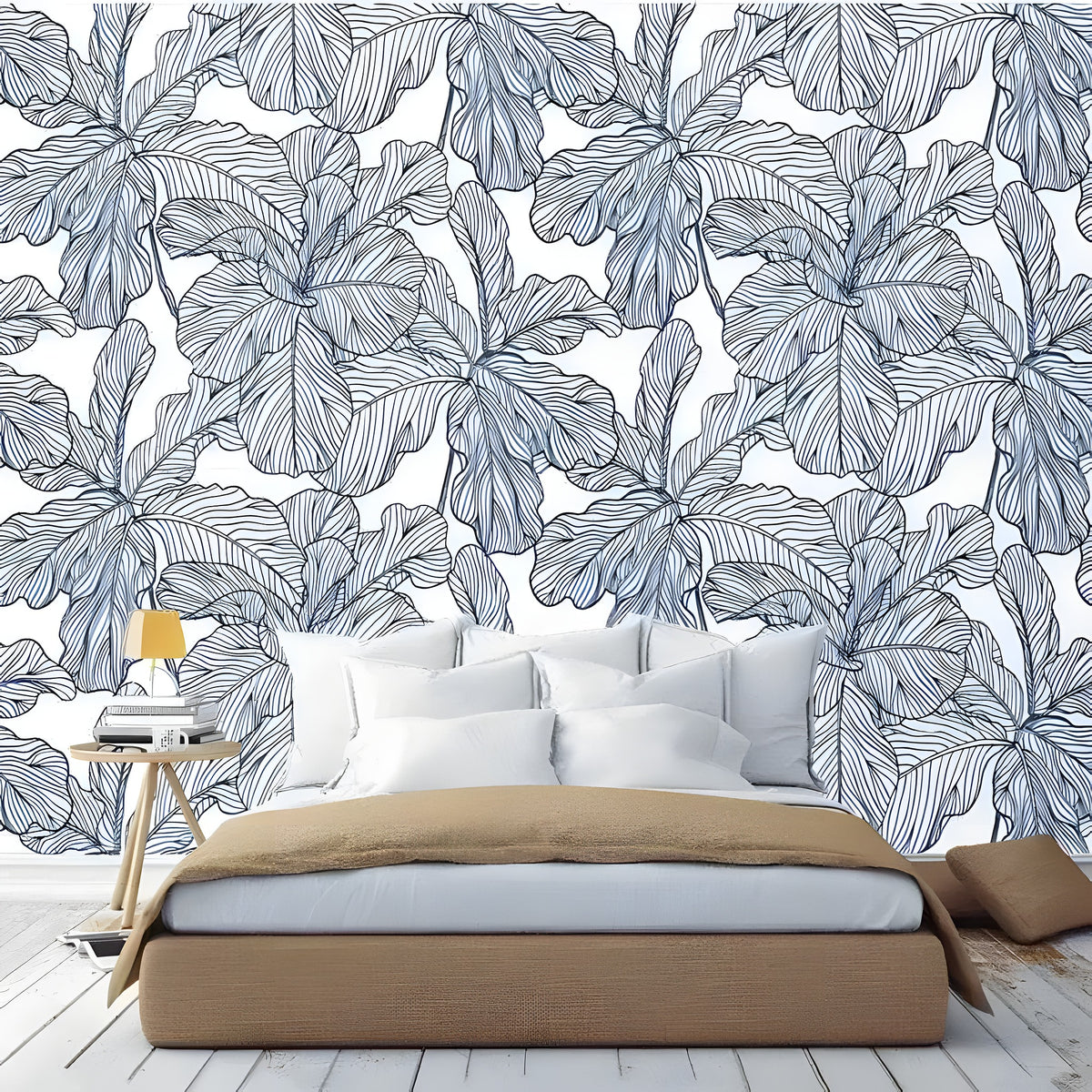 Blue line-art exotic leaves wallpaper as bedroom headboard feature wall with white background, tan platform bed and white pillows