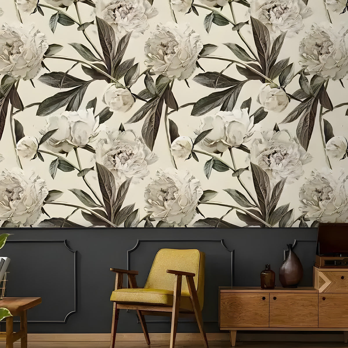 Pastel oversized peony watercolor wallpaper in room setting, cream background with large white-gray blooms and dark leaves
