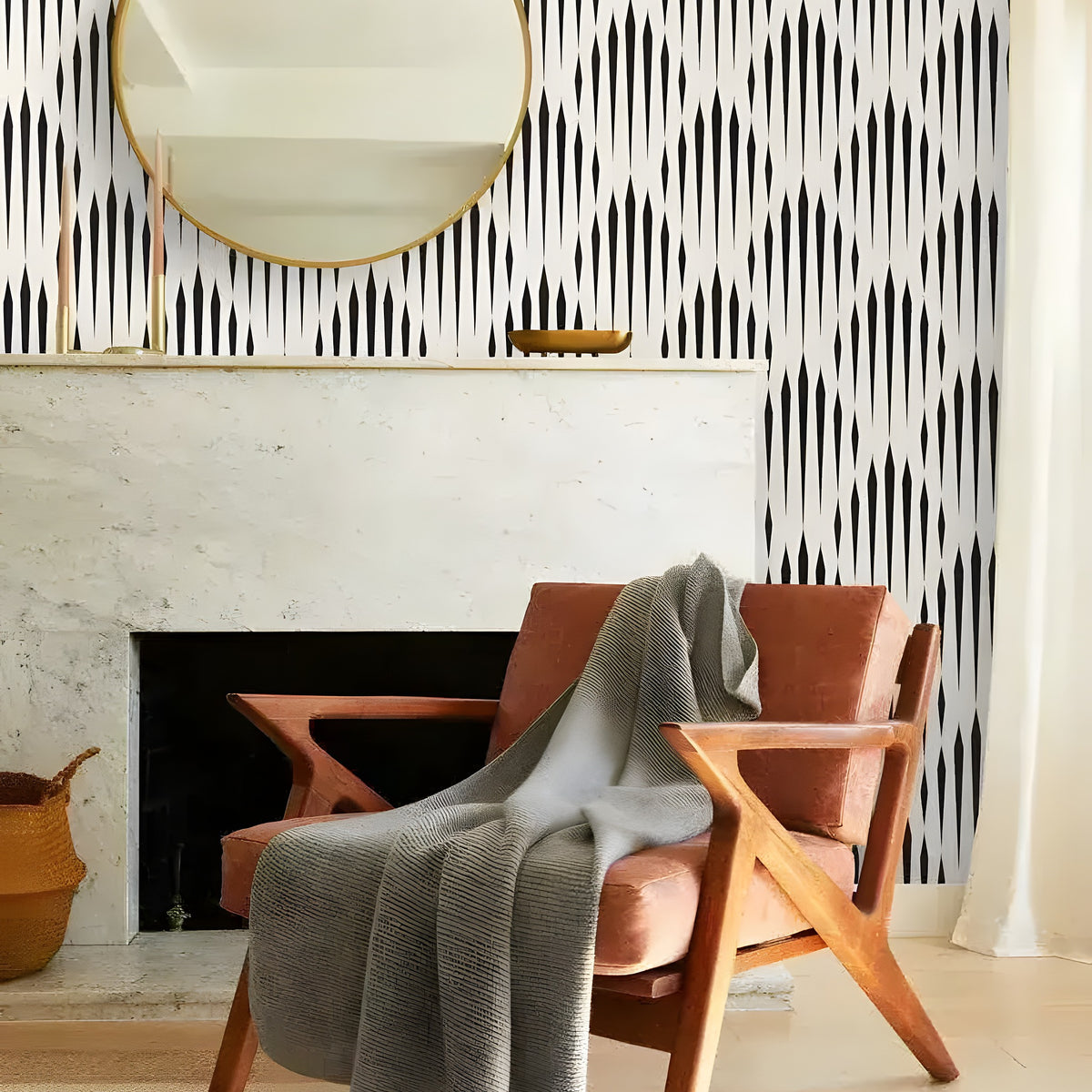 Black and White Minimalist Illusion Wallpaper geometric diamond spike repeat pattern, white room