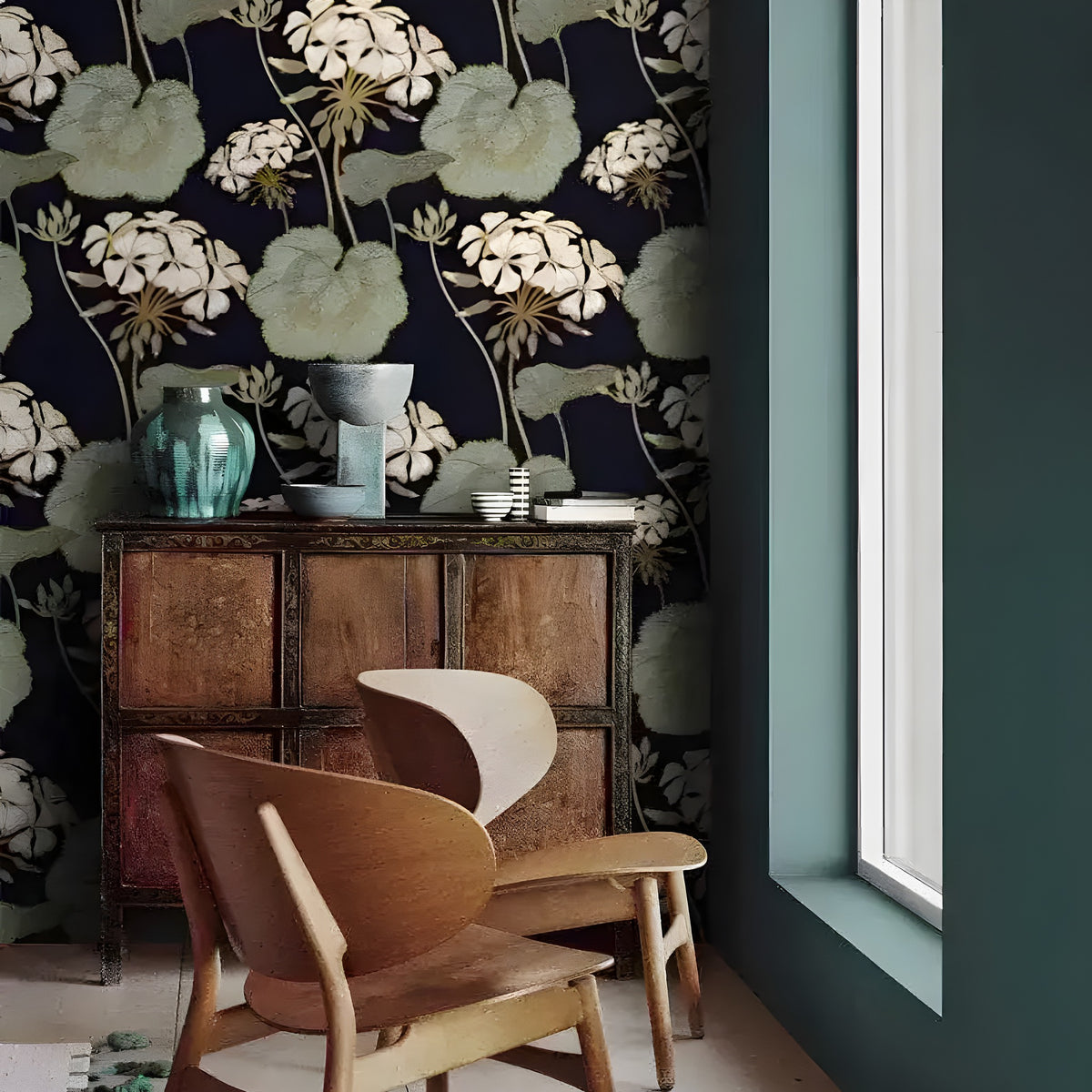 Dark lotus leaves illustrated wallpaper installed on room wall, deep green lotus foliage on dark background