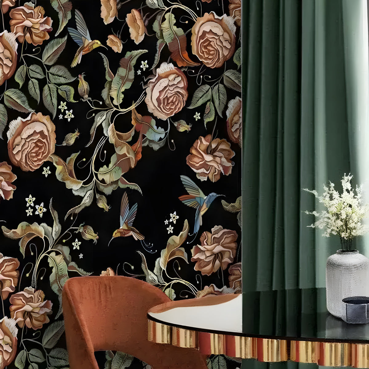 Dark vintage floral and hummingbird wallpaper installed in a room, rich dark background with ornate blooms and hovering hummingbirds