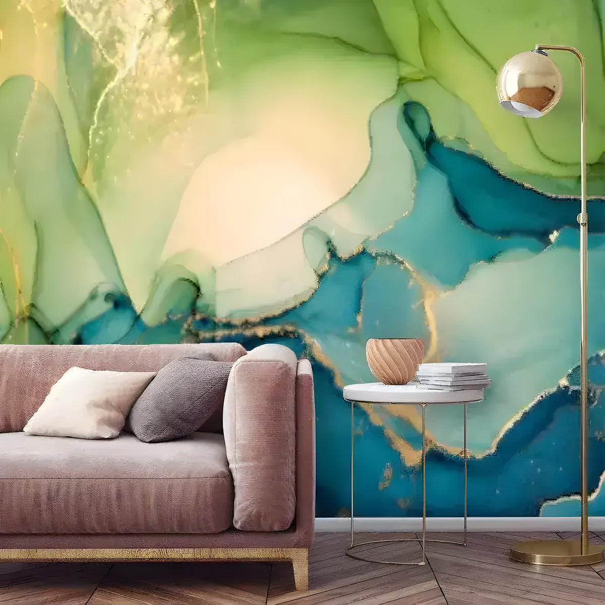 Green and blue marble wallpaper with gold veining behind dusty pink sofa, gold arc floor lamp, and marble side table