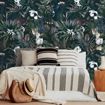 Dark Exotic Tropical Plants and Leaves Wallpaper with jungle blooms and cockatoos on dark background