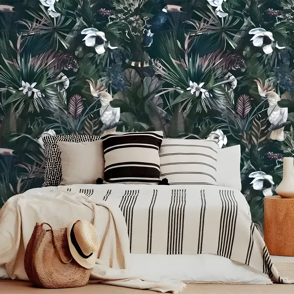 Dark Exotic Tropical Plants and Leaves Wallpaper with jungle blooms and cockatoos on dark background