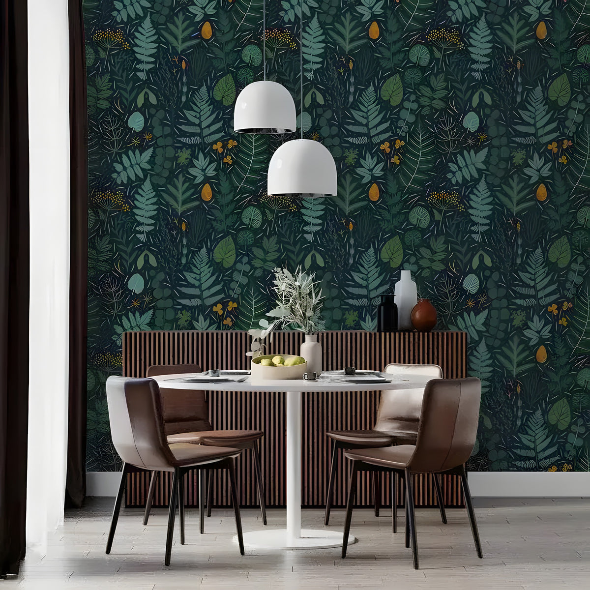 Dark green and blue ferns wallpaper in a dining room with round white table, leather chairs, and wood sideboard