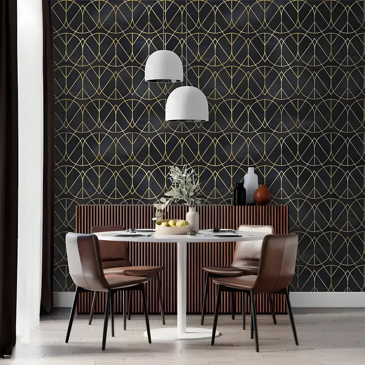 Dining room with white round table, brown leather chairs, wood sideboard; art deco geometric wallpaper with gold oval links on black