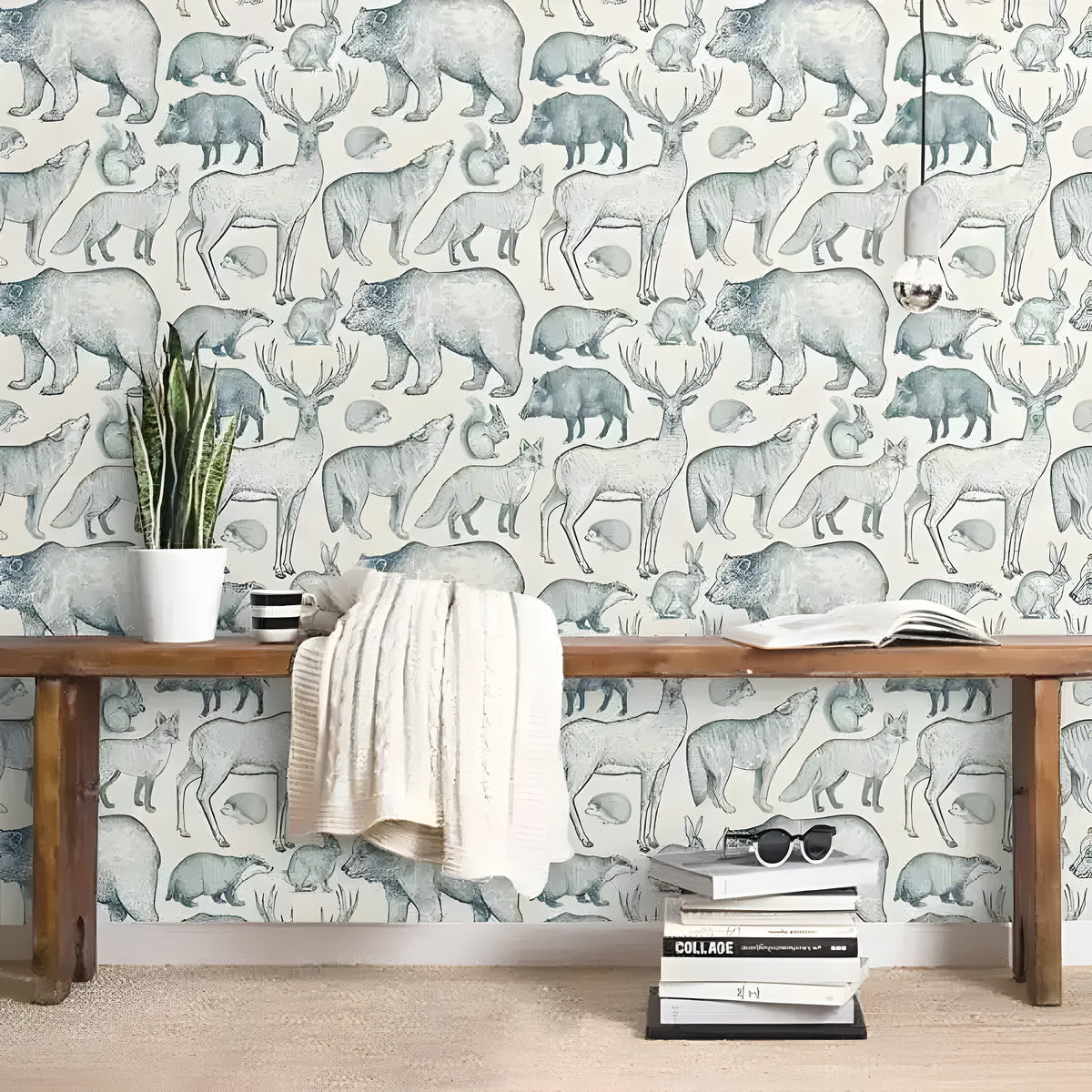 Vintage Wild Forest Life Blue Wallpaper with engraved woodland animals on cream, rustic bench below