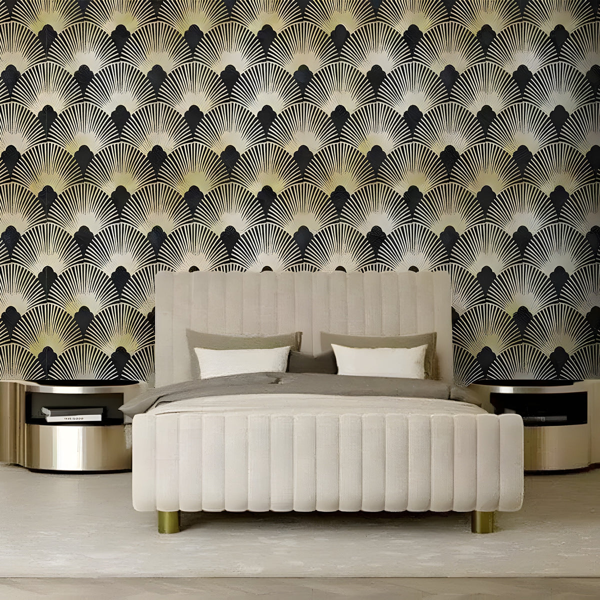 Dark gold art deco fans wallpaper in styled room with velvet armchair and warm lighting