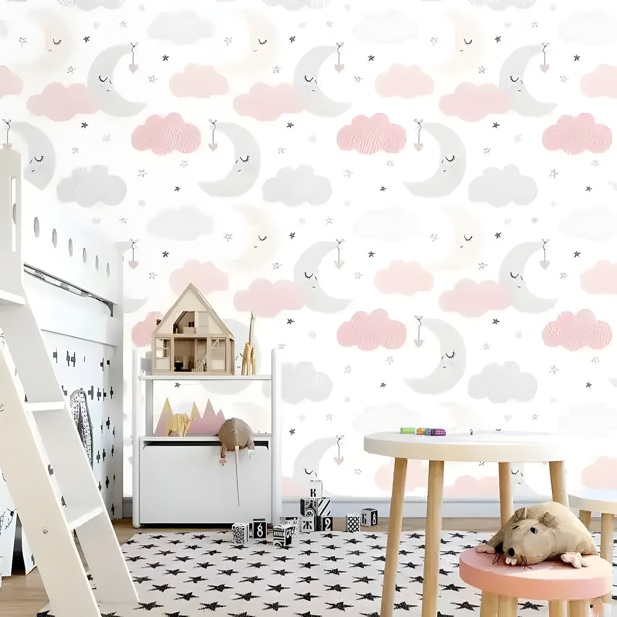 Moons and clouds nursery wallpaper in child's room with pink and gray pattern, dollhouse