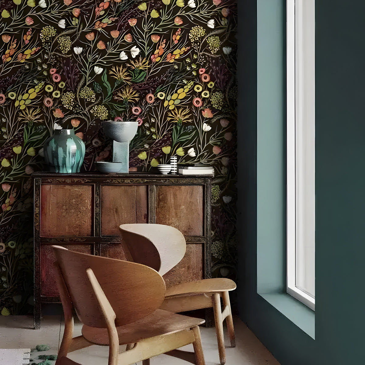 Dark exotic floral wallpaper in a styled room with wooden chair and sideboard