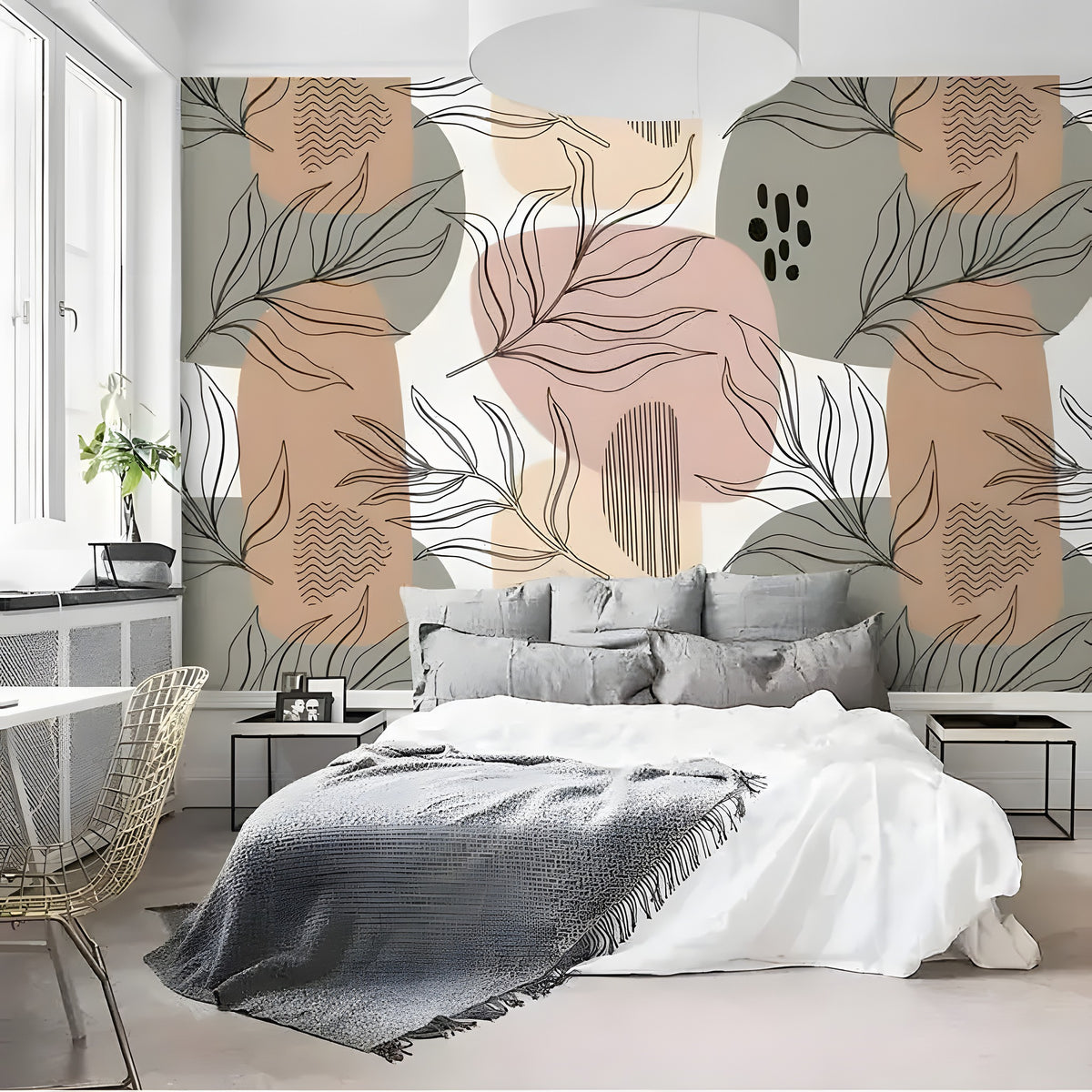 Neutral abstract boho wallpaper with terracotta and sage shapes in Scandi bedroom with grey bedding