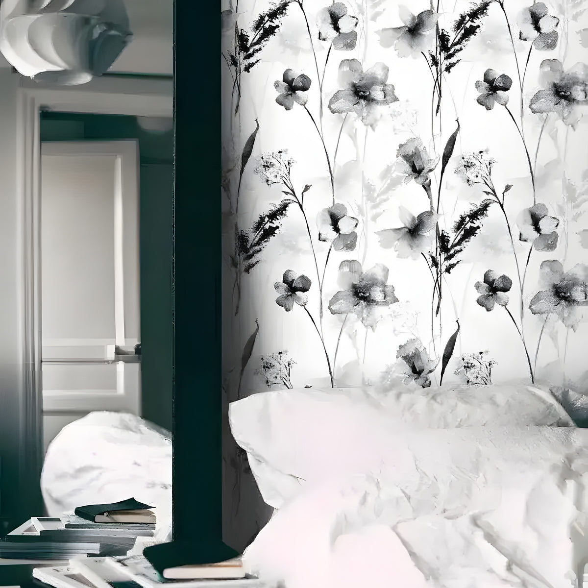 Black and white delicate floral watercolor wallpaper installed in a room, soft white blossoms on pale background