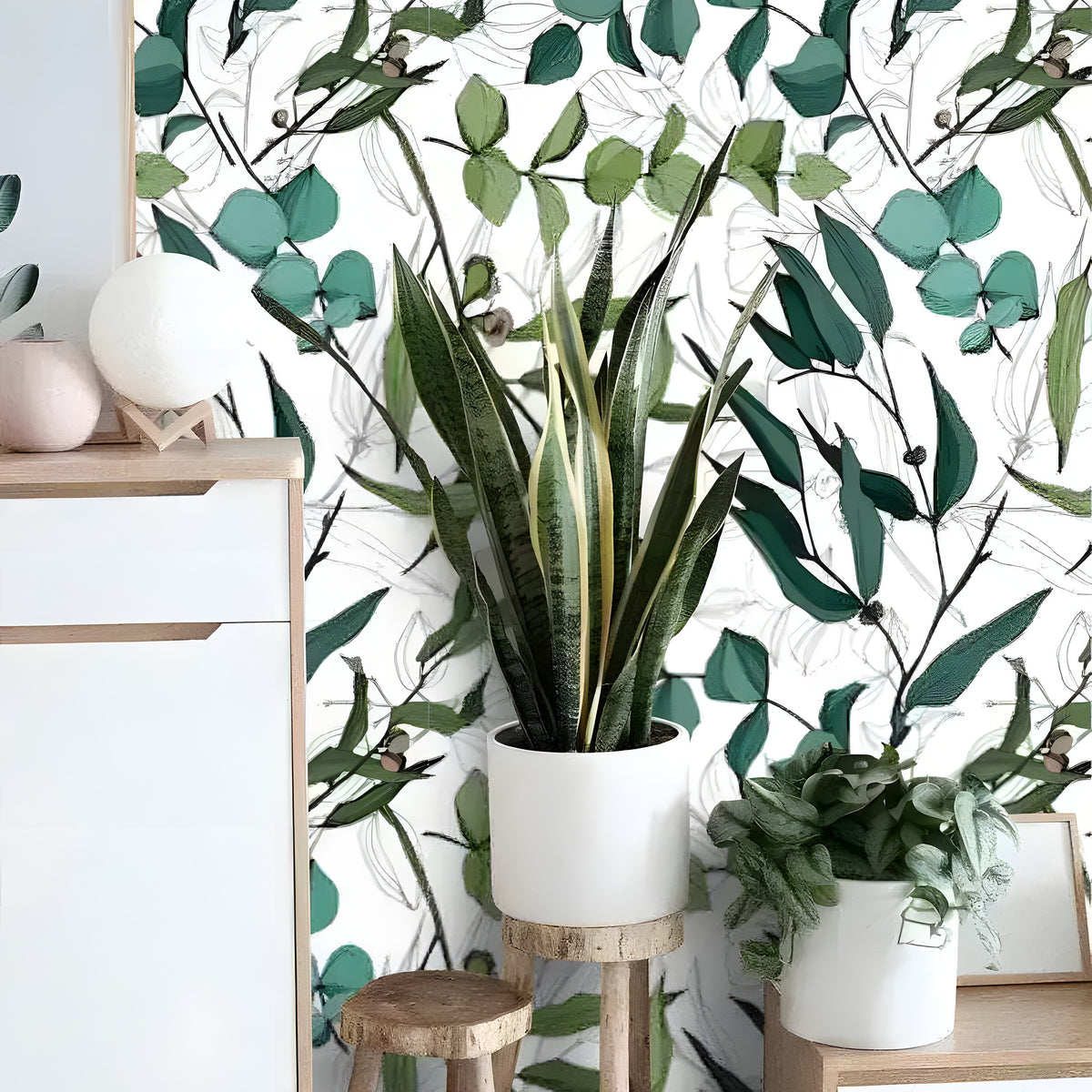 Green Leaves Botanical Watercolor Wallpaper with detailed leaf and berry sprigs on white, Scandi sideboard