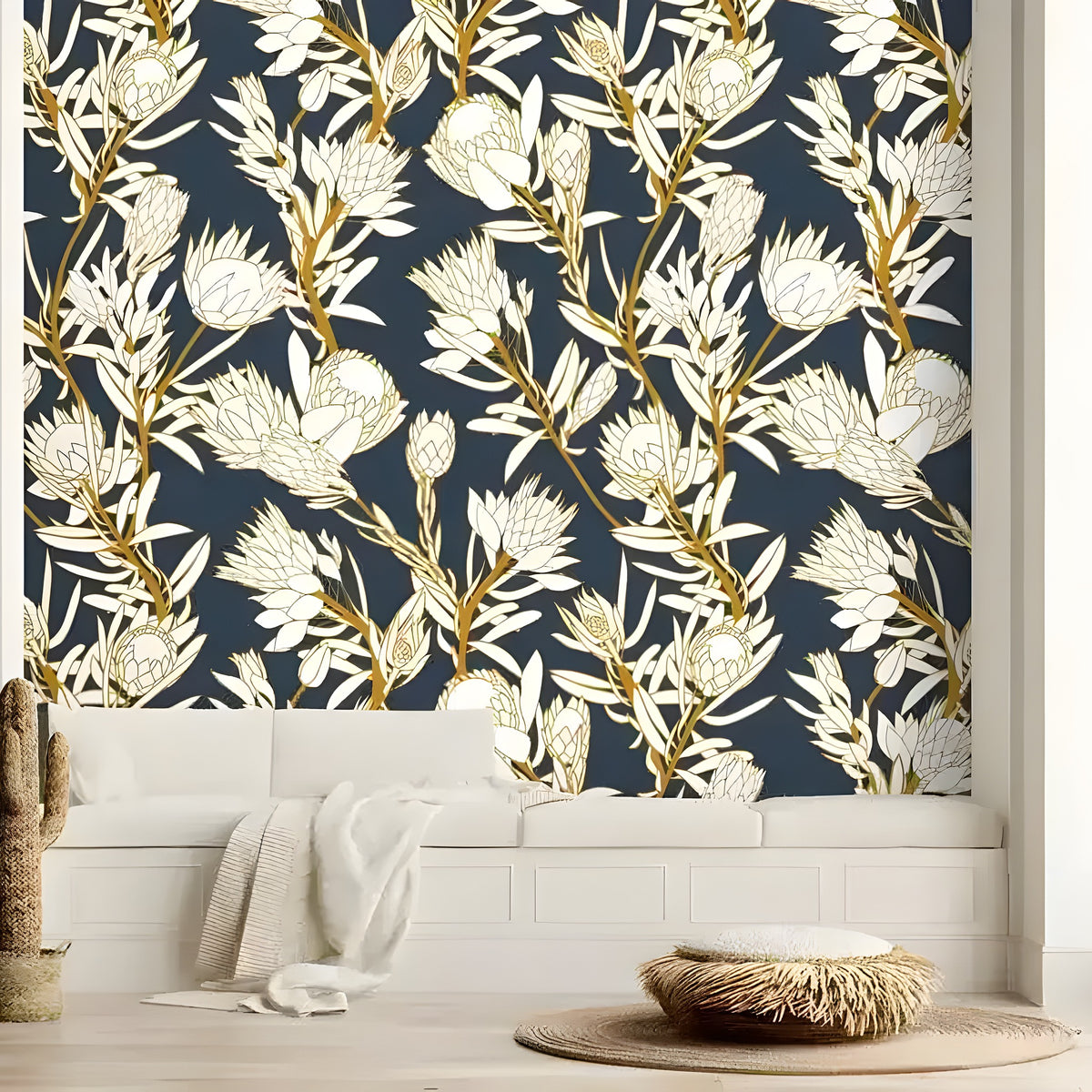 White and navy protea wallpaper with gold stems in a bright room with wicker accents and white built-in bench