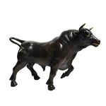 Running bull figurine in dark ebony finish, full body side view in charging stance