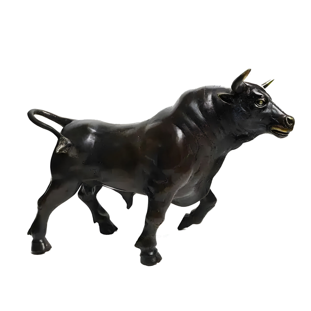Running bull figurine in dark ebony finish, full body side view in charging stance