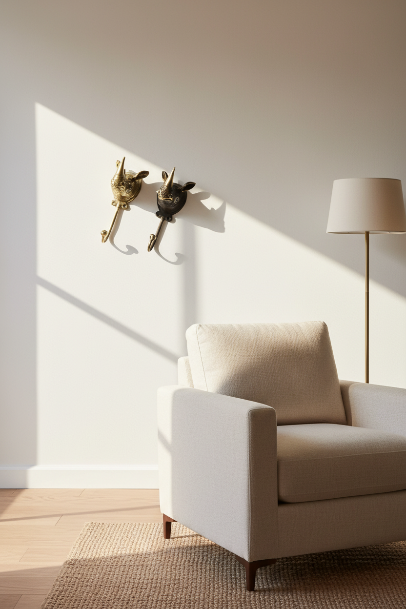A modern beige armchair in a sunlit room with a floor lamp, woven rug, and two decorative wall-mounted rabbit sculptures on the wall.