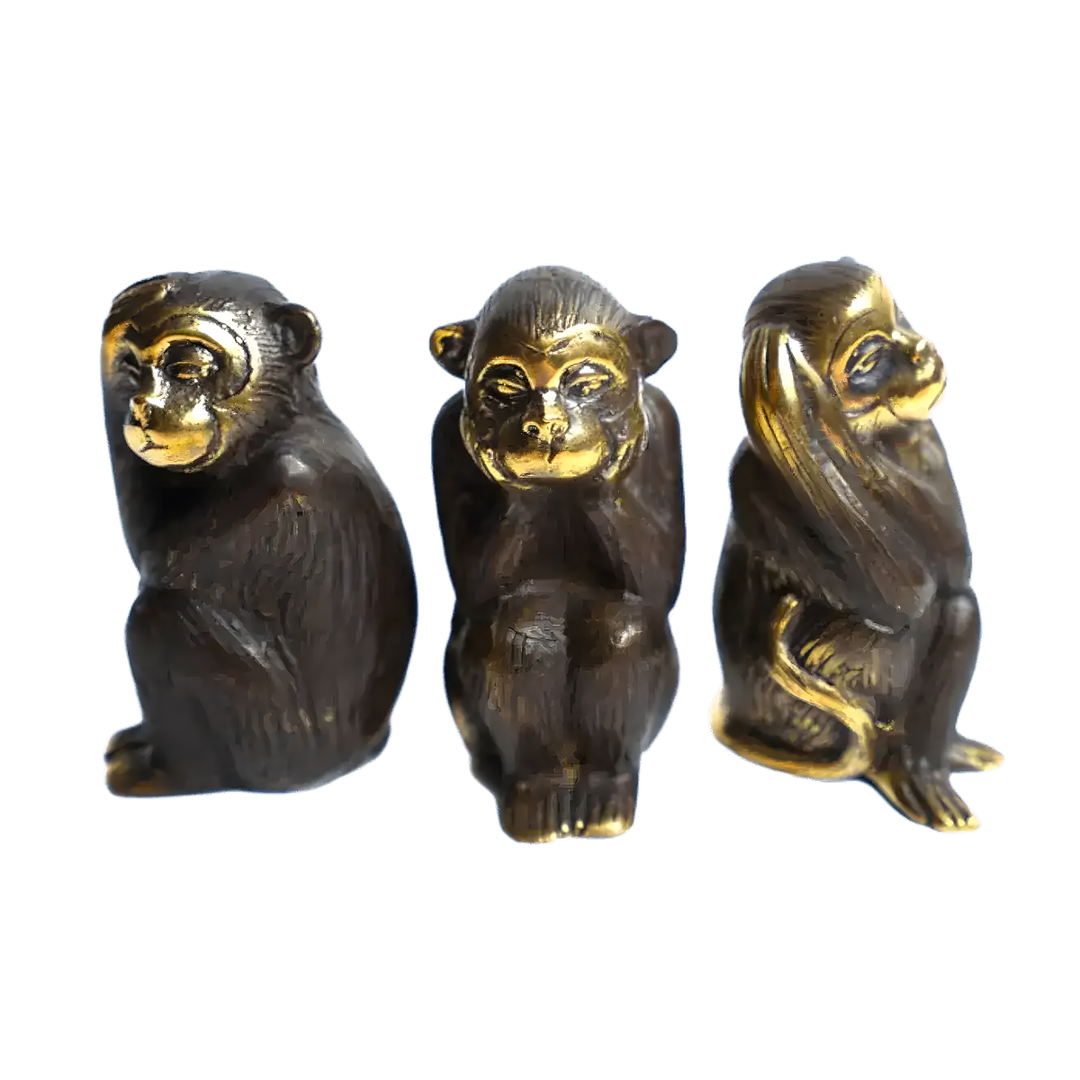 Three dark brass monkey statues set of 3, seated side by side, gold-accented faces, light gray background