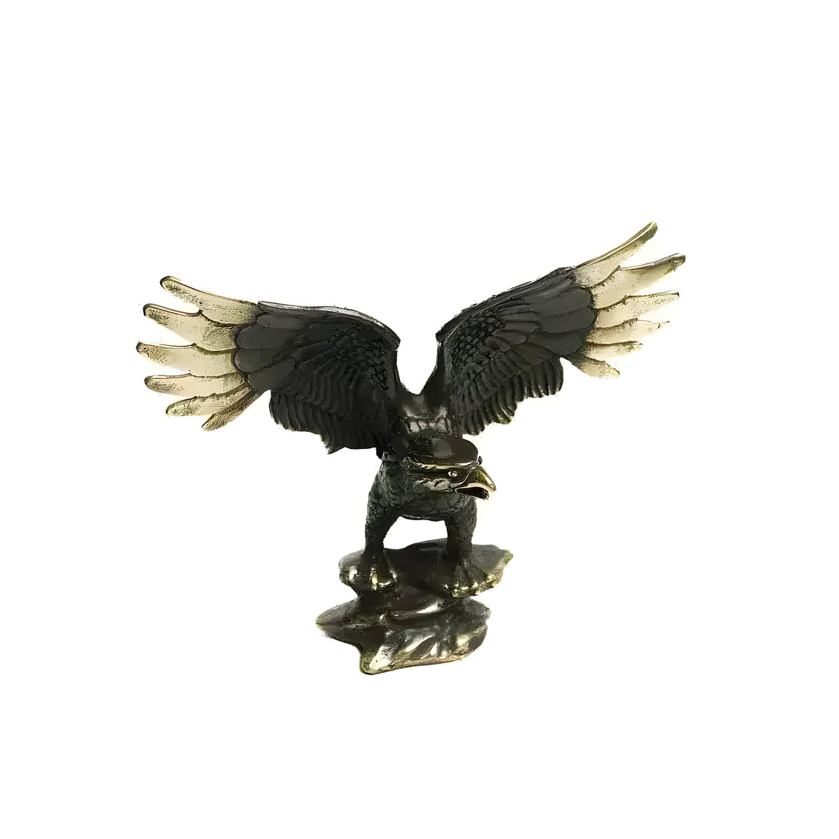 Antique black and gold brass eagle sculpture on marble base, wings fully spread, head lowered, landing pose