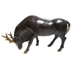 Solid Brass Bull Miniature Statue dark bronze charging bull with gold antlers and hooves, side view
