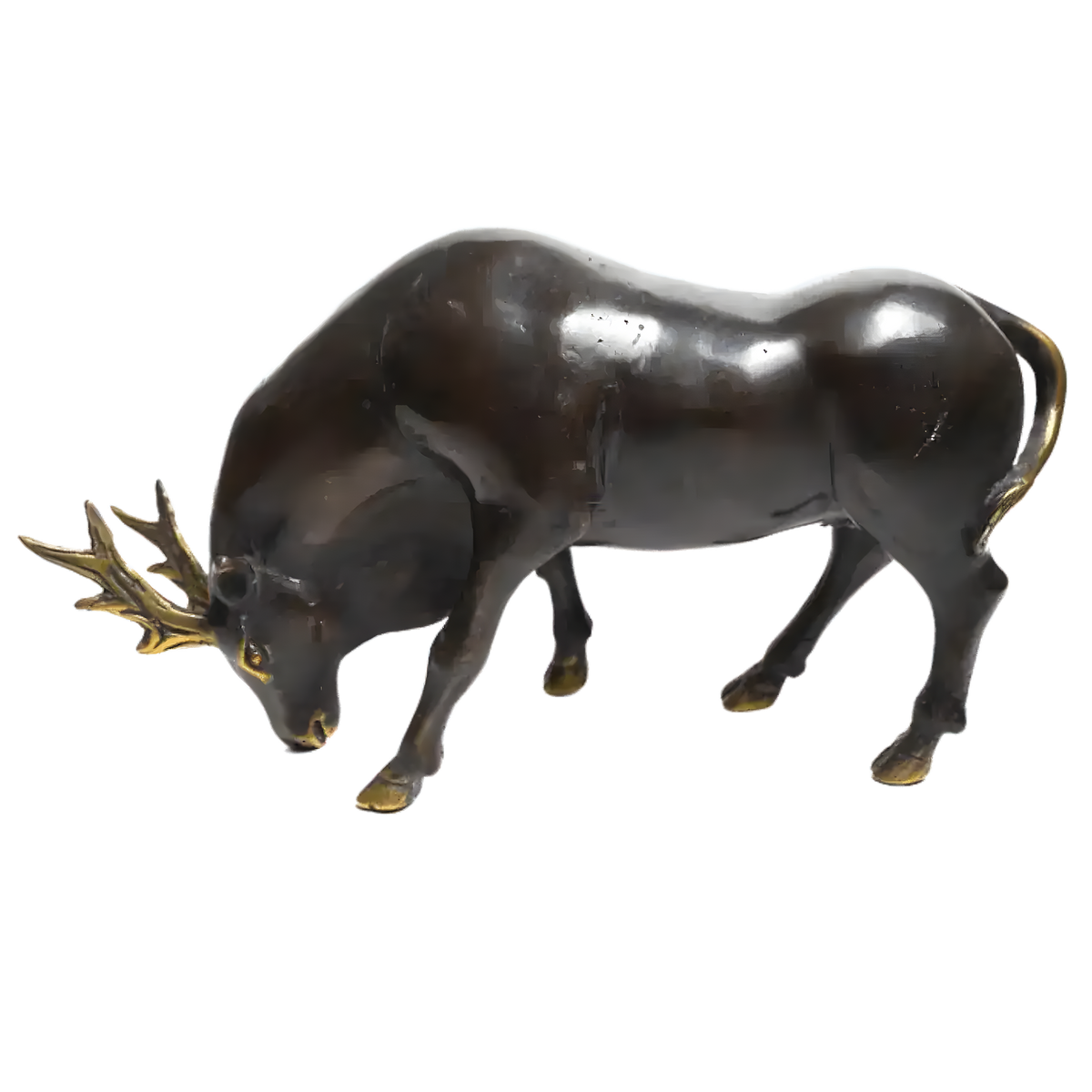 Solid Brass Bull Miniature Statue dark bronze charging bull with gold antlers and hooves, side view