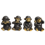 Four dark brass monkey figurines set of 4 in see-no-evil, speak-no-evil, neutral, and hear-no-evil poses, gold accents, gray background