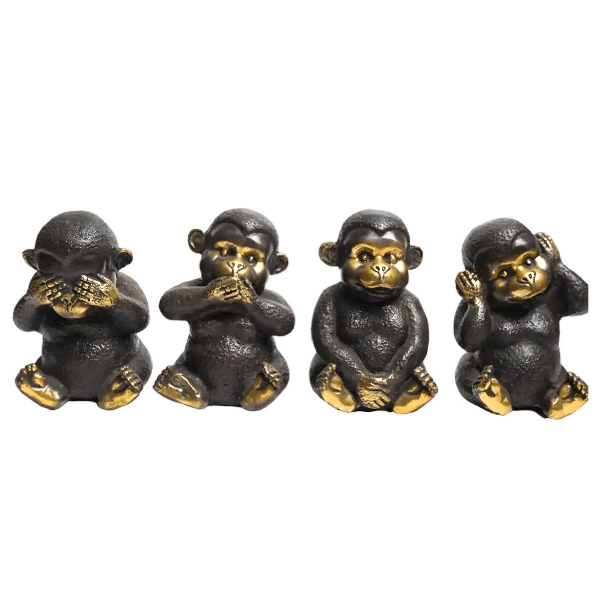 Four dark brass monkey figurines set of 4 in see-no-evil, speak-no-evil, neutral, and hear-no-evil poses, gold accents, gray background