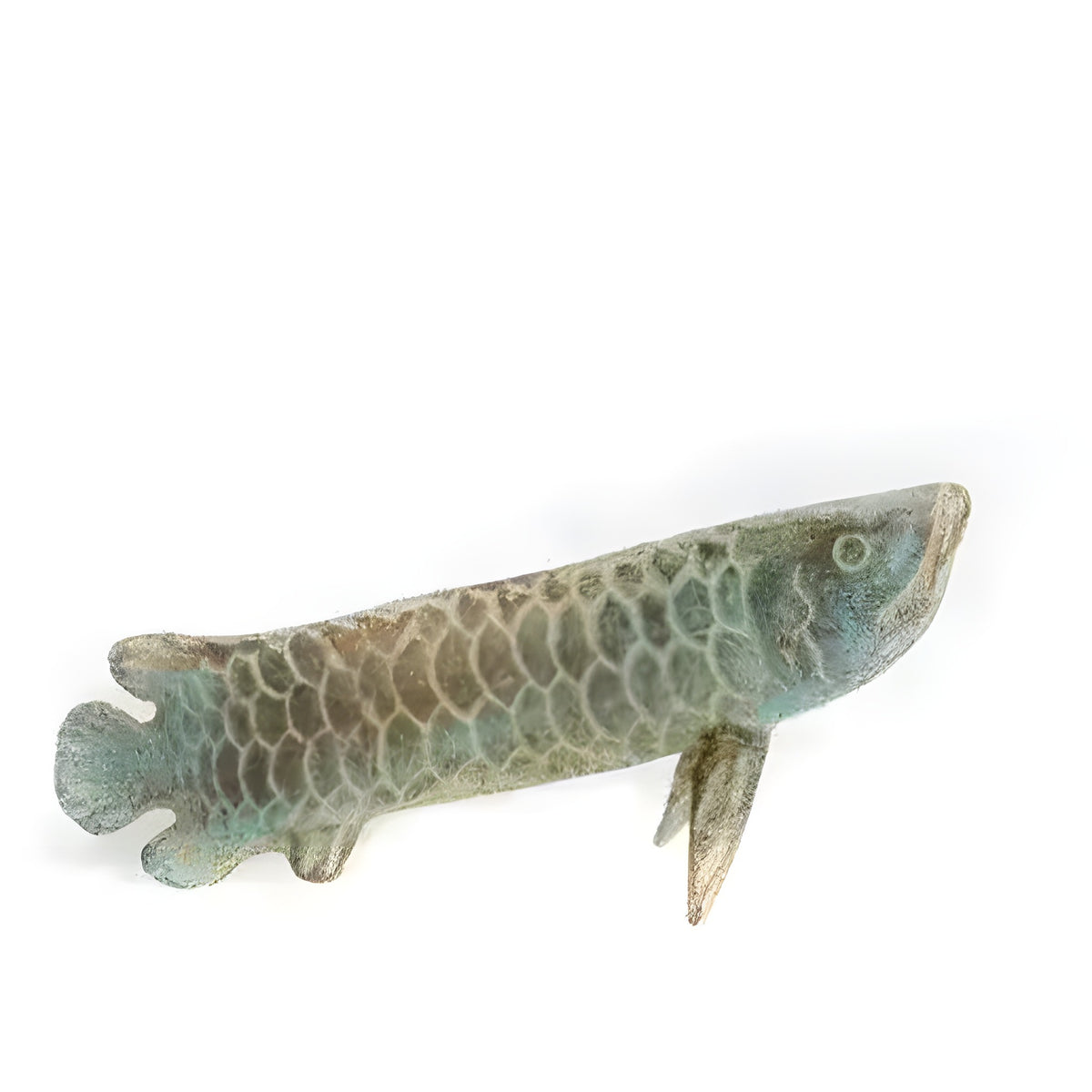 Antique-green and bronze arowana fish miniature brass sculpture, flat front view, textured scale pattern
