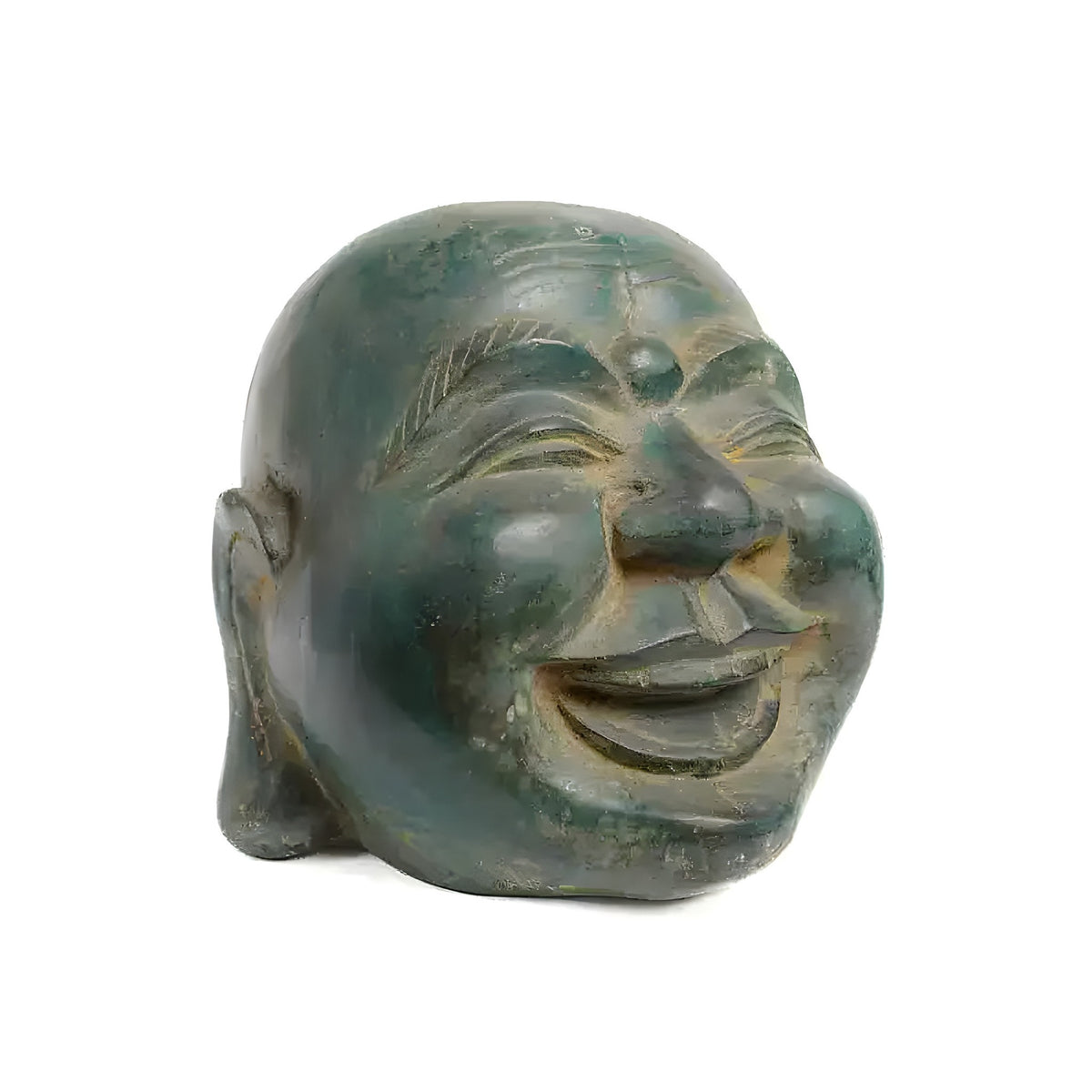Solid brass lucky Chinese Buddha head sculpture, golden finish, serene expression, front view