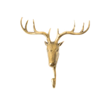 Polished brass deer head wall hook with wide branching antlers, single hook below chin, grey background