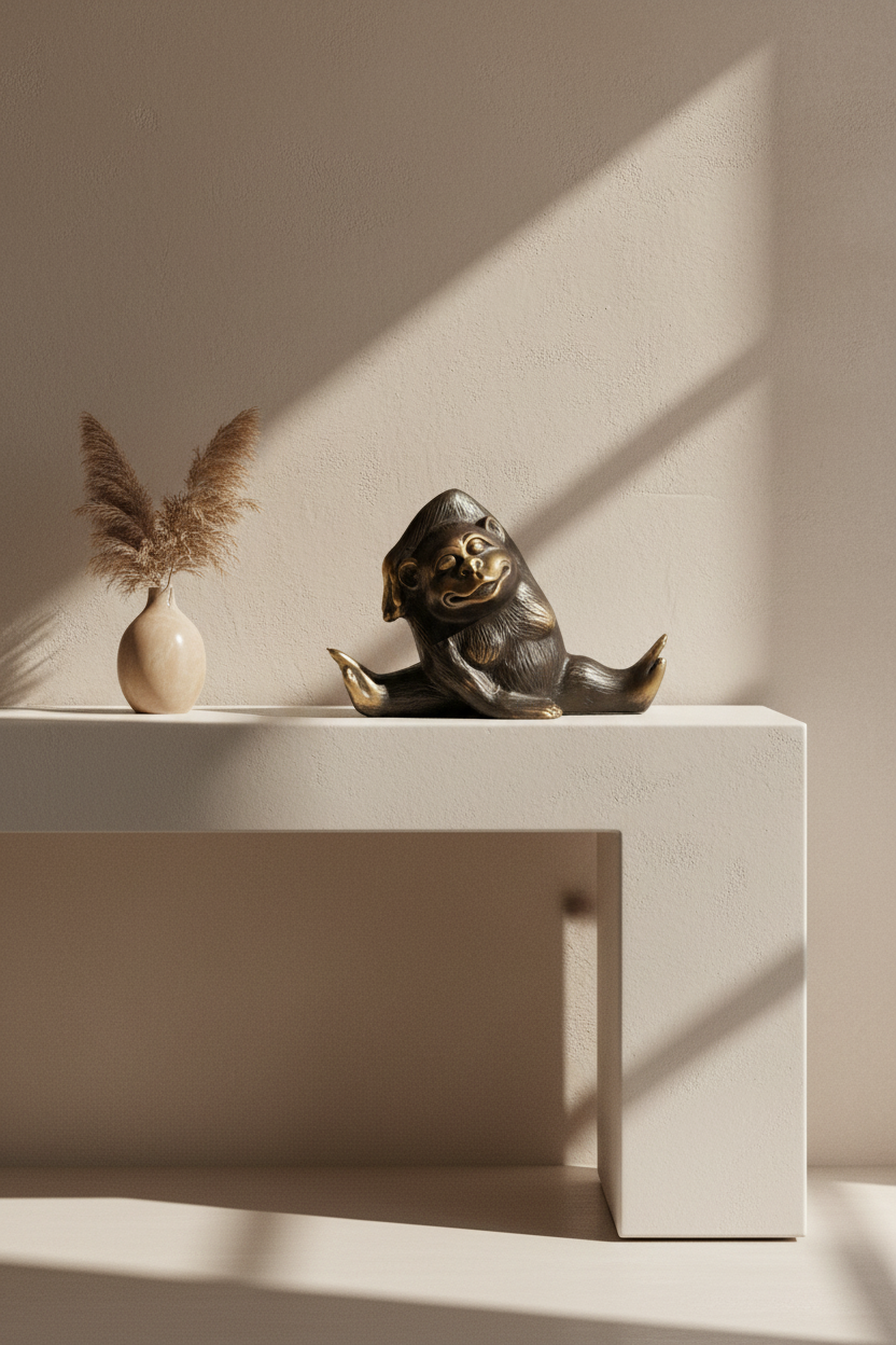 Solid brass yoga monkeys sculpture on a white waterfall console beside a vase of dried pampas.