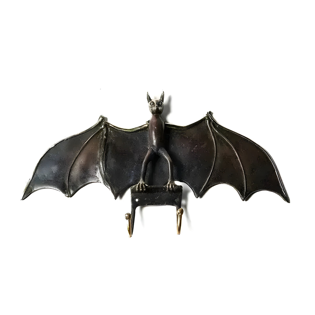 Bat wall hook with wings spread wide, dark black finish, two gold-tipped hooks below body, front view