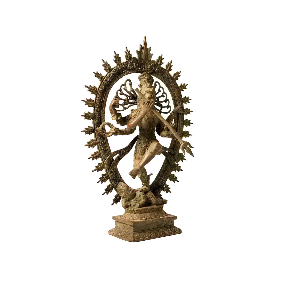 Golden-bronze Nataraja dancing Shiva statue with four arms in cosmic dance pose within spiked flame halo