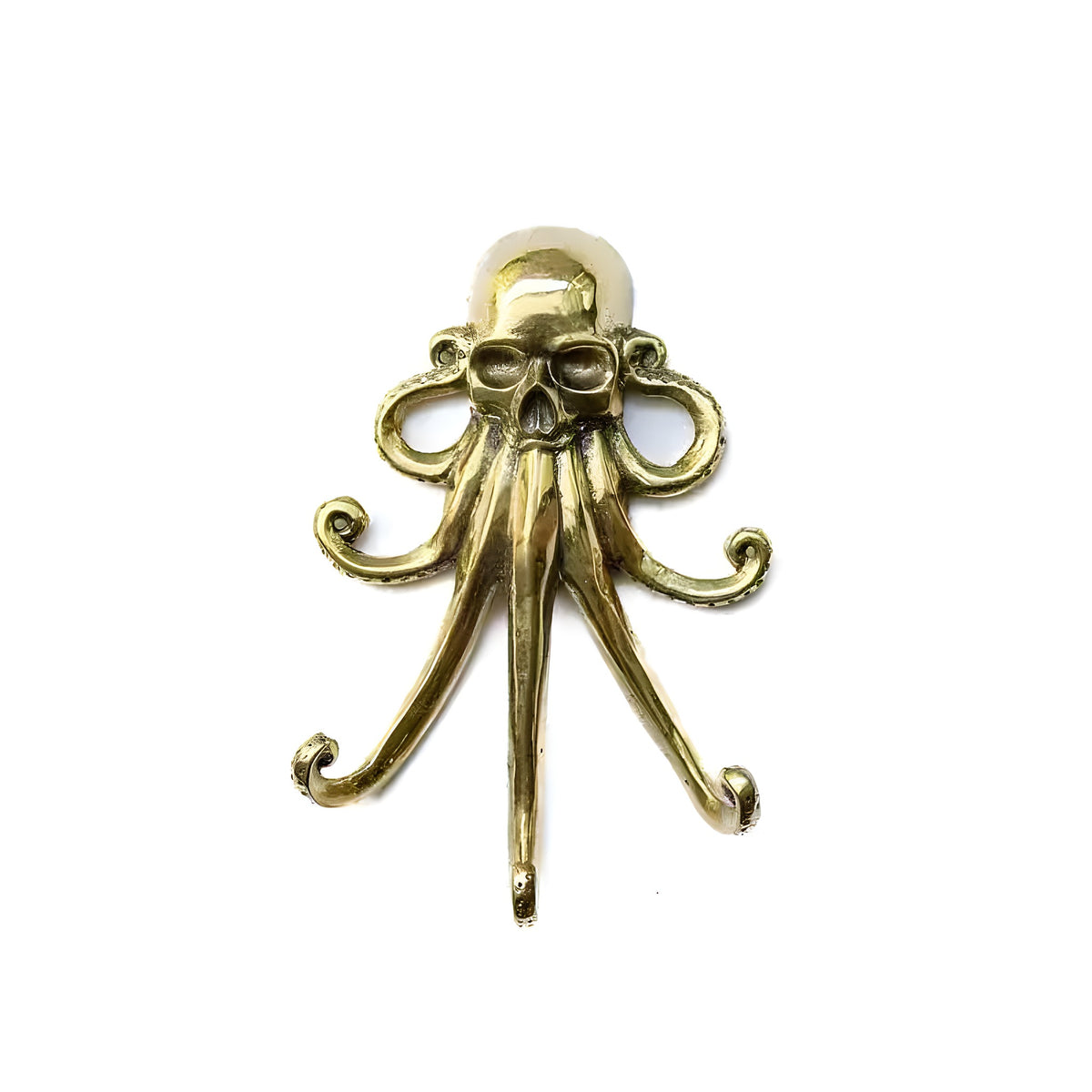 Polished brass octopus wall hook with skull face design, curling tentacles forming hooks