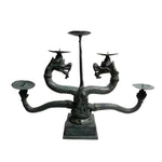 Large Solid Brass Dragon Candle Holder with five candle cups on intertwined dragon bodies, teal patina, white background
