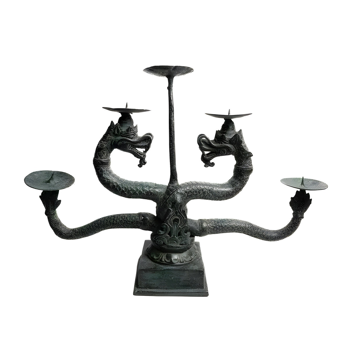 Large Solid Brass Dragon Candle Holder with five candle cups on intertwined dragon bodies, teal patina, white background