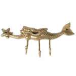 Brass mermaid wall hook with three hanging hooks below, mermaid holding a starfish, golden finish