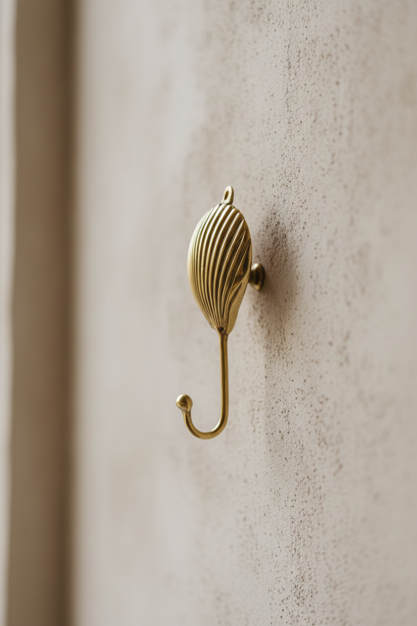 A single ornate brass wall hook with a ribbed, seashell-like top and curved hook, mounted on a textured beige plaster wall.