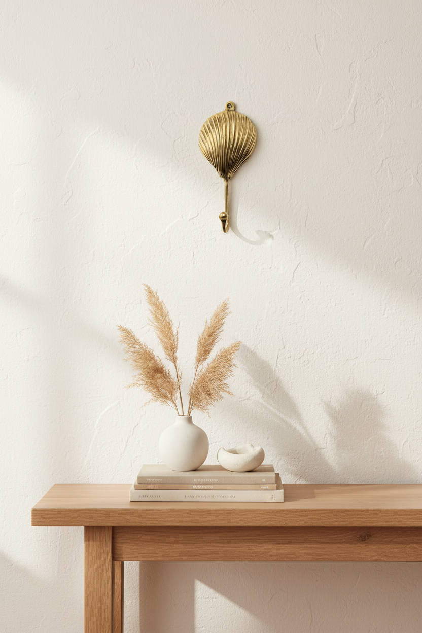 A gold seashell-shaped wall hook hangs on a textured off-white wall above a wooden console table styled with a white vase of pampas grass, books, and a small ceramic bowl.