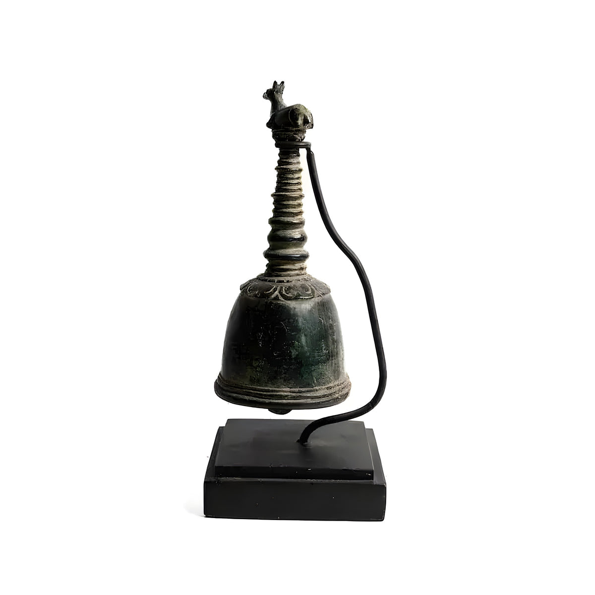 Solid brass Genta bell on black display stand, antiqued dome, Nandi bull finial, cord clapper, white bg