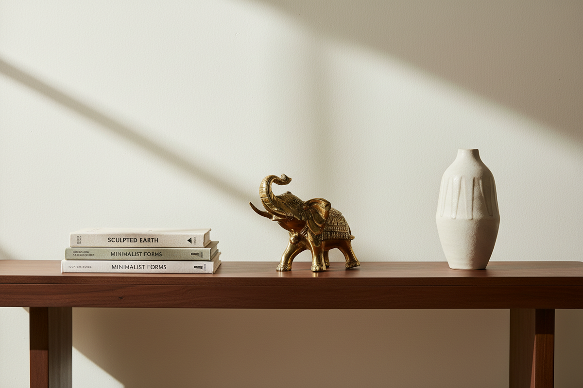 A styled interior scene showing a wooden console table against a warm off-white wall with diagonal sunlight shadows. On the table are three stacked books, a small metallic elephant figurine, and a white ribbed ceramic vase.