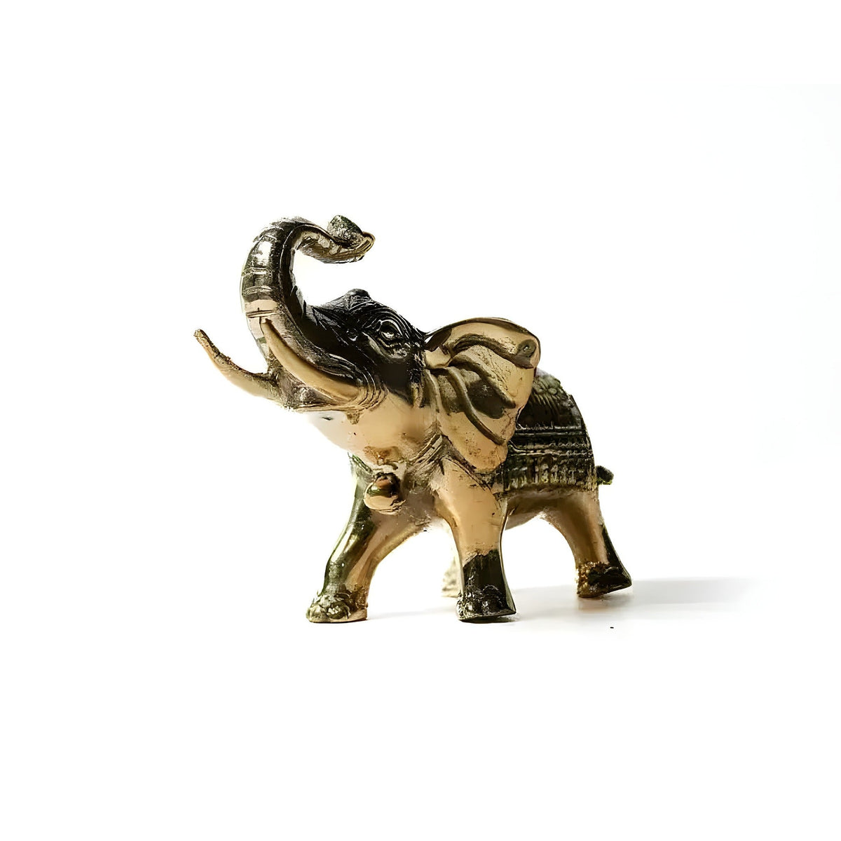 Solid brass royal elephant figurine with raised trunk and decorated blanket, polished gold standing pose, side view
