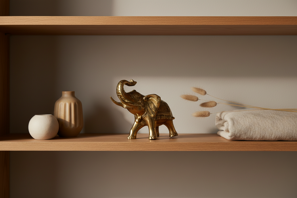 A small metallic elephant figurine sits on a wooden shelf beside two beige ceramic vases, dried grass stems, and a folded cream textile against a warm neutral wall.