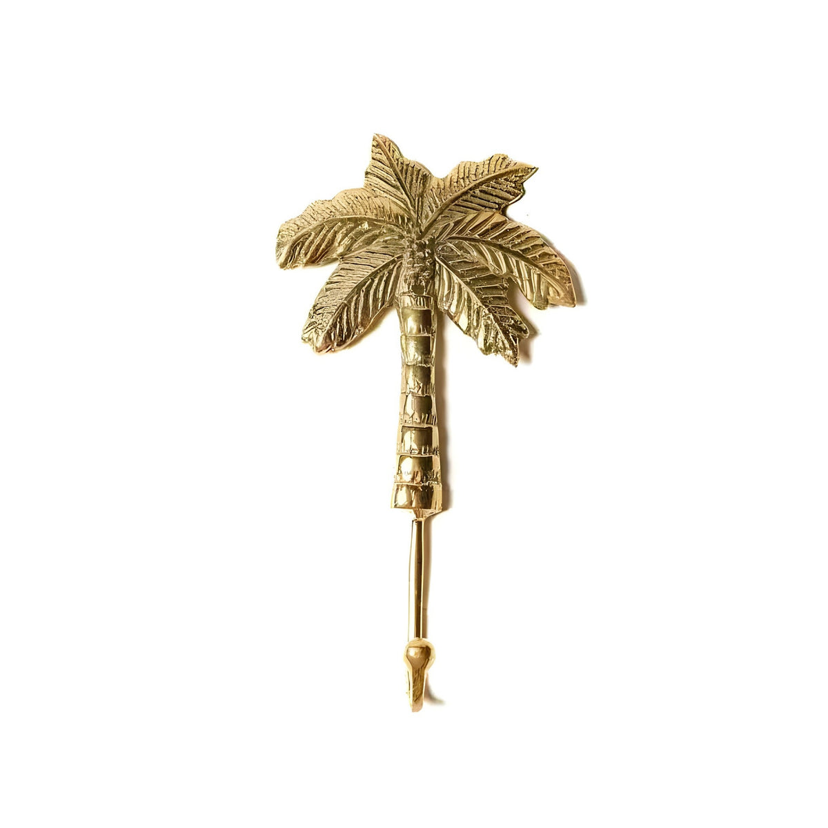 Solid brass coconut tree wall hook front view, detailed palm fronds, segmented trunk, small hook at base